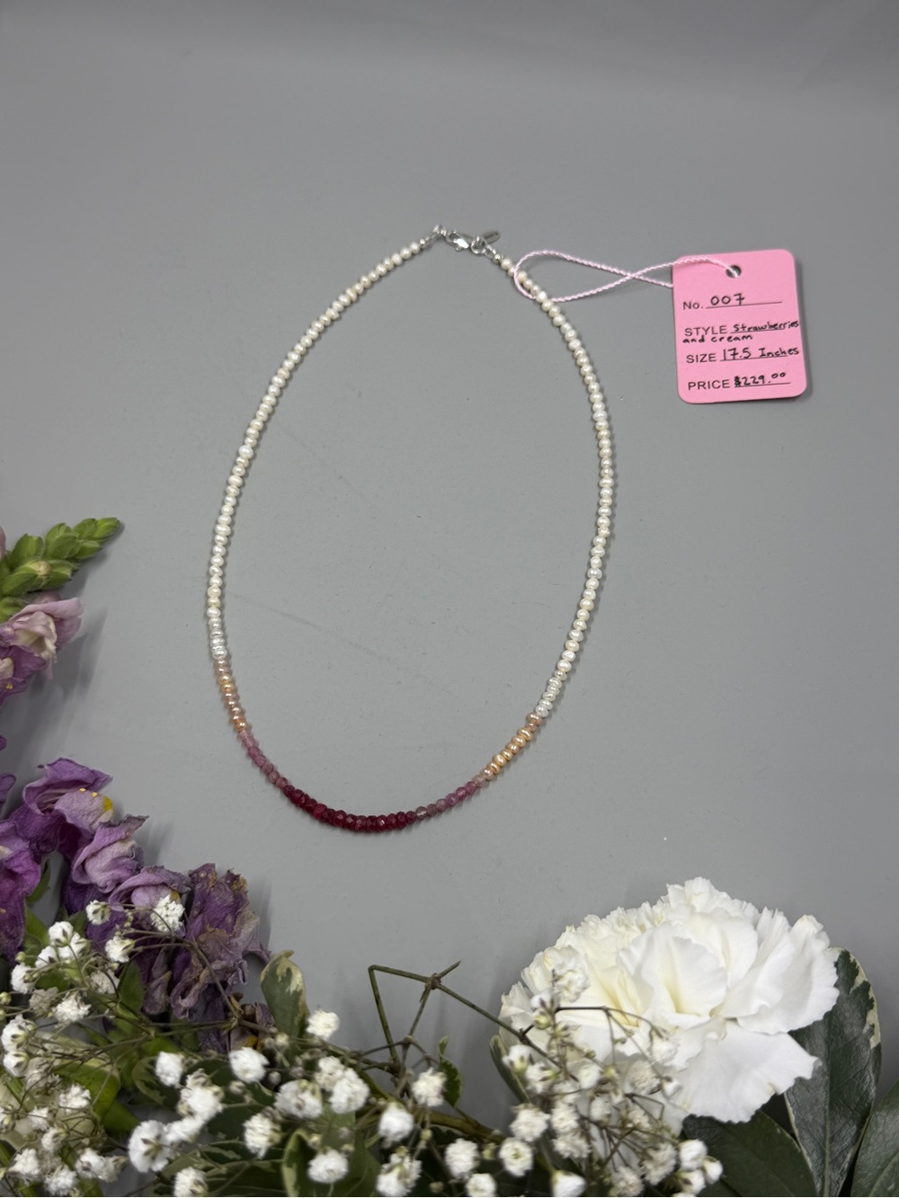Mea’s Handmade Jewellery Strawberries & Cream Necklace, Ruby, Pearl & Tourmaline